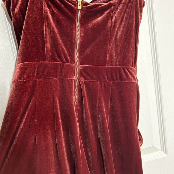 Wine Red Velvet Jumpsuit Strapless Wide Leg Formal Holiday Cocktail Outfit - Picture 3 of 11